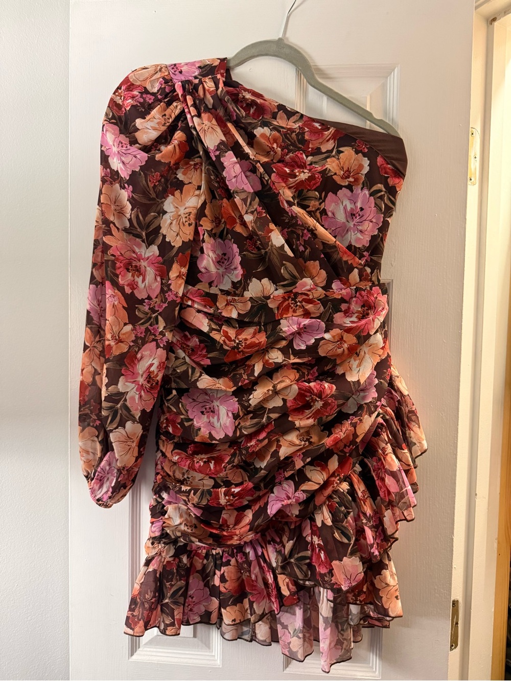 Showpo Floral One-Shoulder Ruched Mini Dress - Brown & Pink